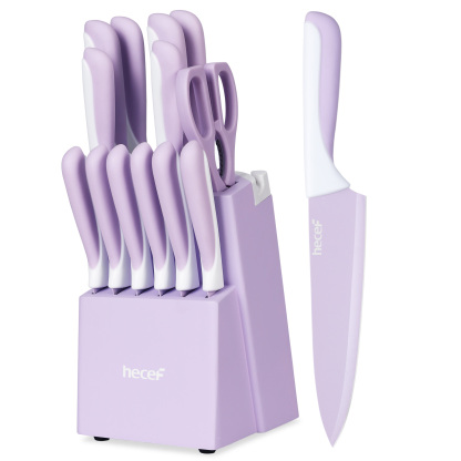 hecef 15PCS Sharp Kitchen Knife Set with Built-in Sharpening Wooden Block Dishwasher Safe