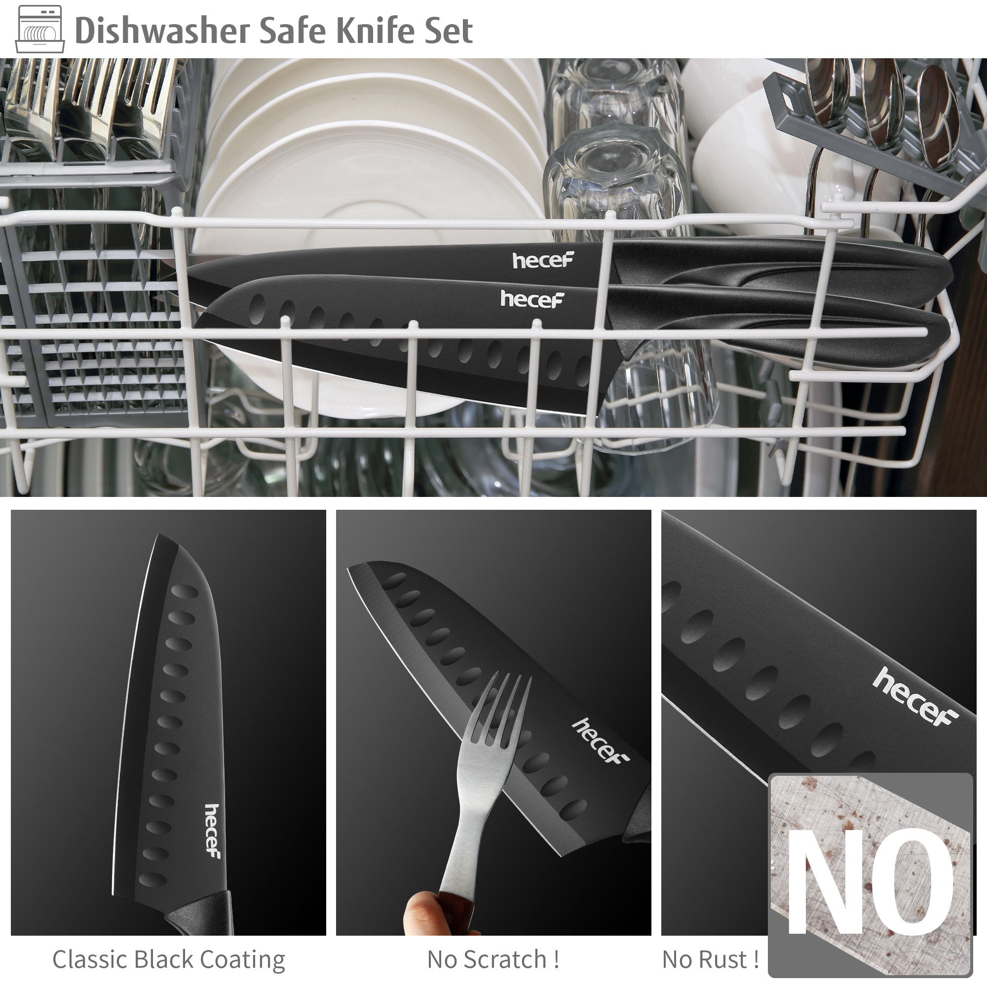 Hecef 6-Piece Stainless Steel Chef Cooking Knife Set with Blade Sheaths, Dishwasher Safe