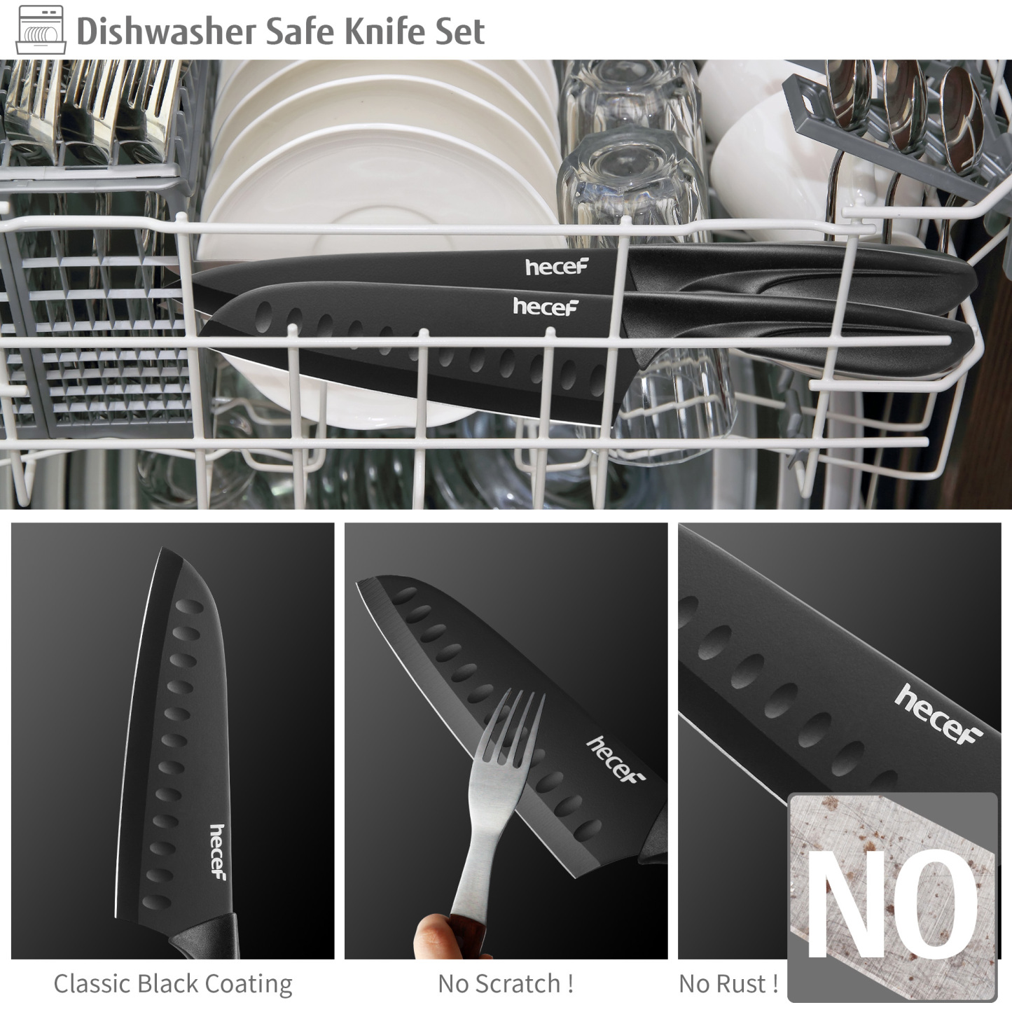 Hecef 6-Piece Stainless Steel Chef Cooking Knife Set with Blade Sheaths, Dishwasher Safe