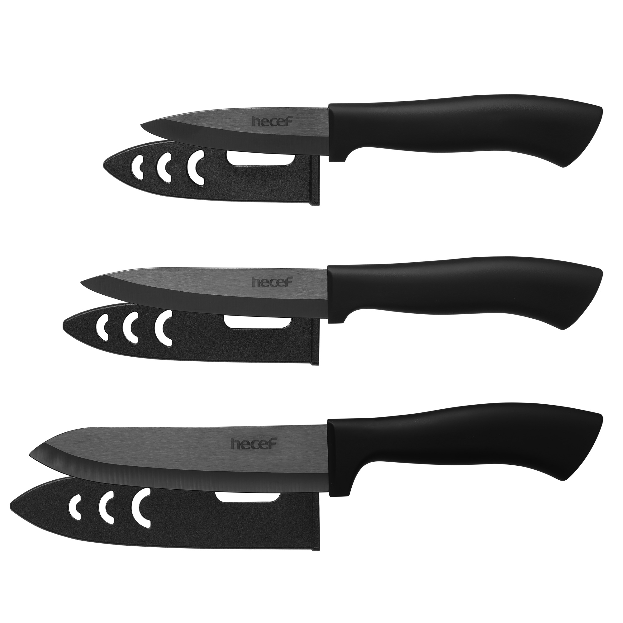 Hecef 3 PCS Black Ceremic Chef's Knife,Utility Knife, Fruit Paring Knife
