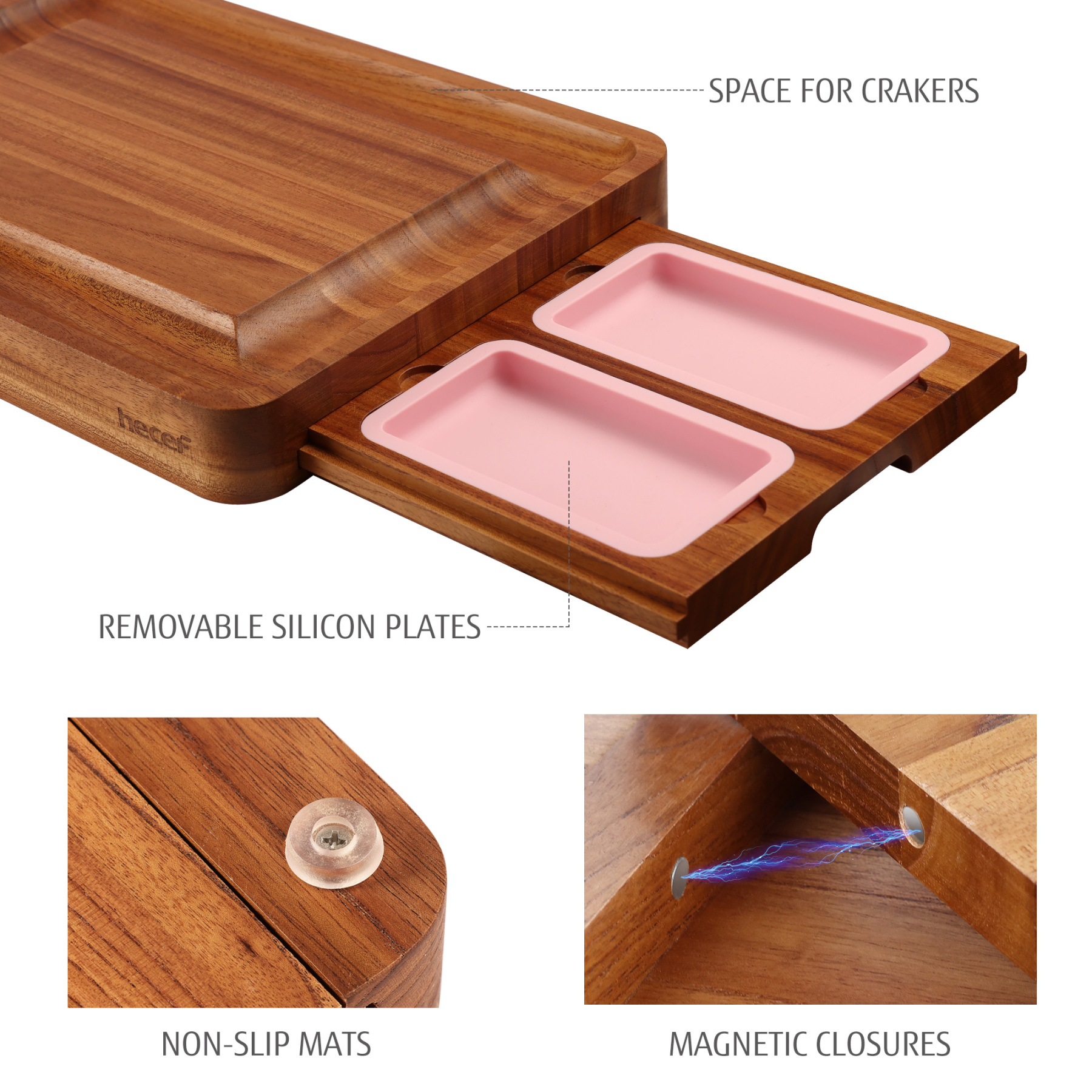 hecef Large Wooden Cheese Board with Knives Dessert Forks 2 Magnetic Drawers & Pink Silicone Bowls Charcuterie Board Set