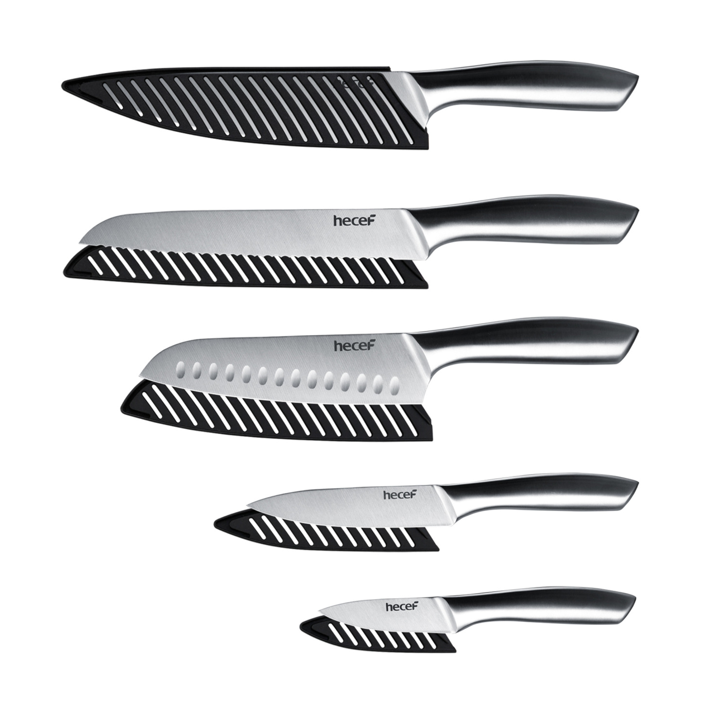 Hecef Silver Kitchen knife set of 5, Satin Finish Blade with Hollow Handle, includes 8" Chef, 8"Bread, 8"Santoku, 5"Utility and 3.5"paring knife