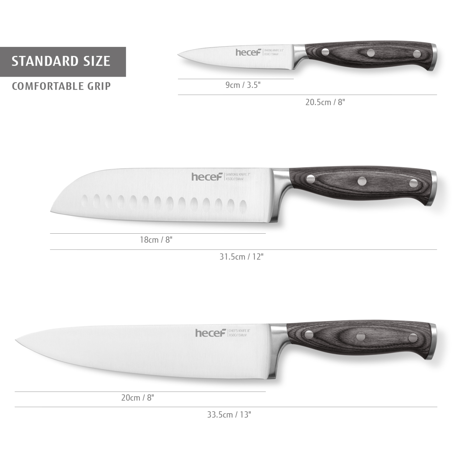 hecef Knife Set, 3-Piece Kitchen Knife Set with Ergonomic ABS Handle, Full Tang, Sharp Chef's Knife, Professional Knife Made of High-Quality Carbon Stainless Steel with Chef's Knife, Santukum Knife