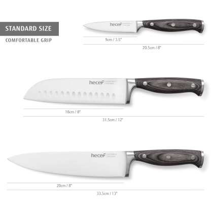 hecef Knife Set, 3-Piece Kitchen Knife Set with Ergonomic ABS Handle, Full Tang, Sharp Chef's Knife, Professional Knife Made of High-Quality Carbon Stainless Steel with Chef's Knife, Santukum Knife