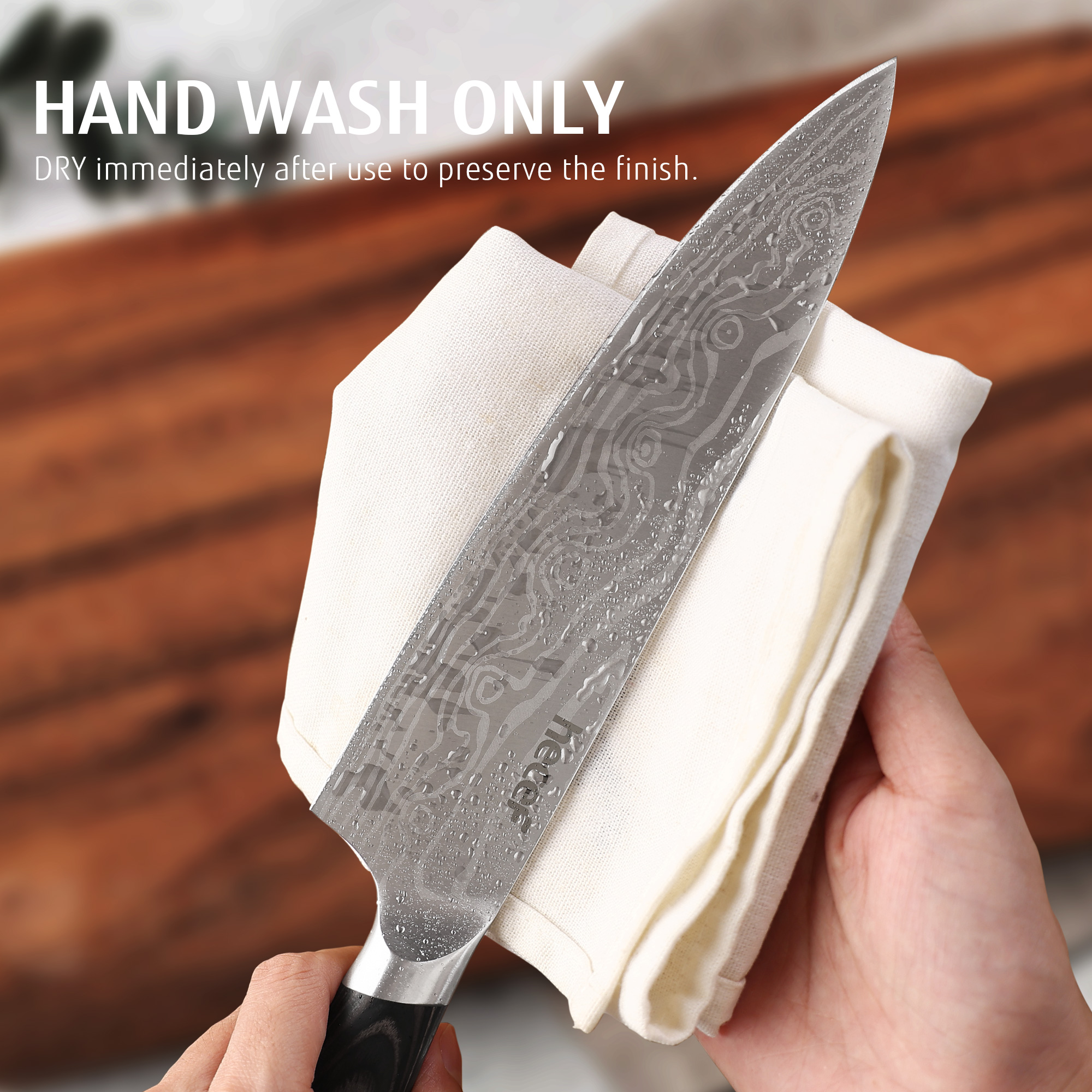 Hecef 8-Inch Chef Knife with Japanese Damascus Pattern Sharp Non-stick Ergonomic Wood Handle