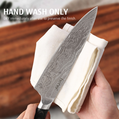 Hecef 8-Inch Chef Knife with Japanese Damascus Pattern Sharp Non-stick Ergonomic Wood Handle
