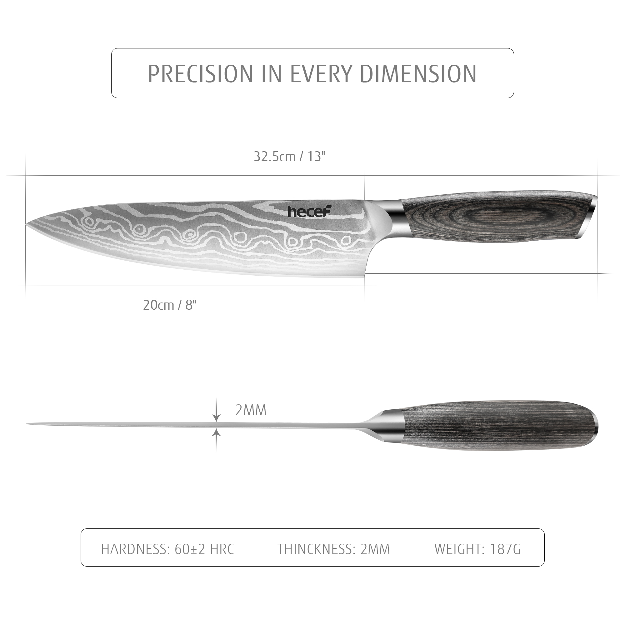 Hecef 8-Inch Chef Knife with Japanese Damascus Pattern and Ergonomic Wood Handle