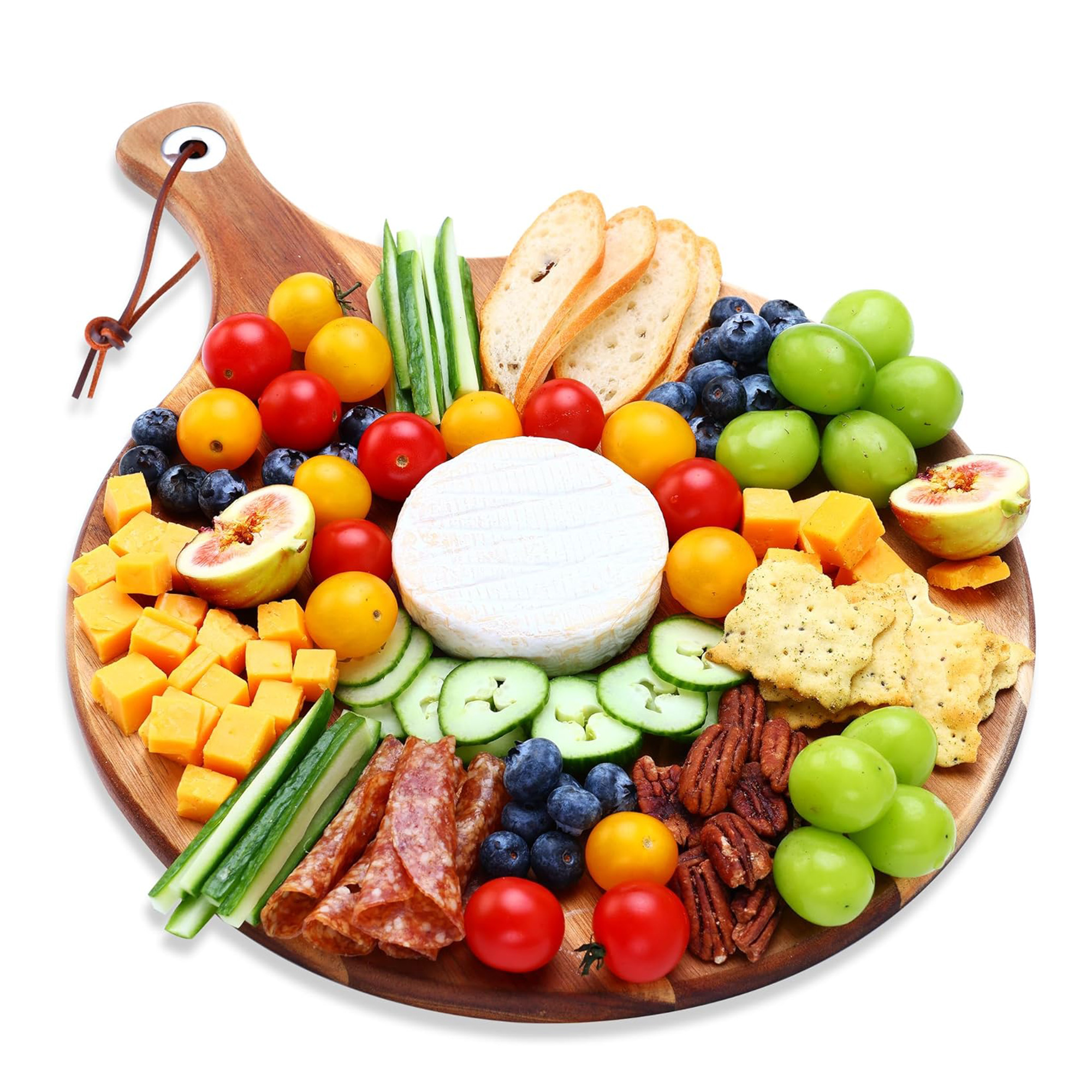 Hecef 12 Inch Large Cheese Board Premium Acacia Wood Charcuterie Board, Round Cheese Platter Cutting Board with Paddle Handle for Pizza Fruits Vegetables Bread, Food Serving Tray Gift Set for Kitchen