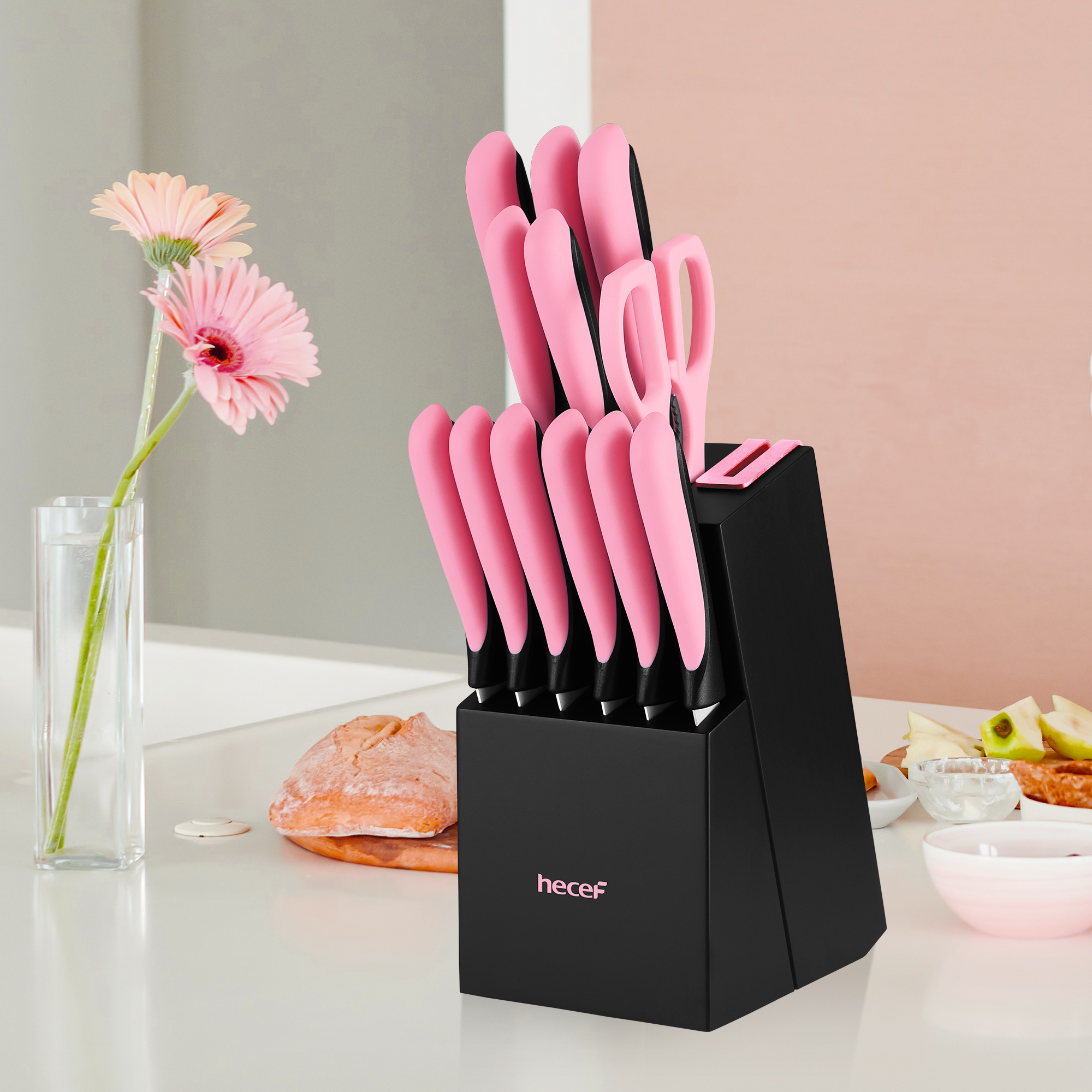 Hecef 13-Piece Knife Set, Stainless Steel Kitchen Knives with Block, Chef Knife, Santoku Knife, Steak Knives, Scissors