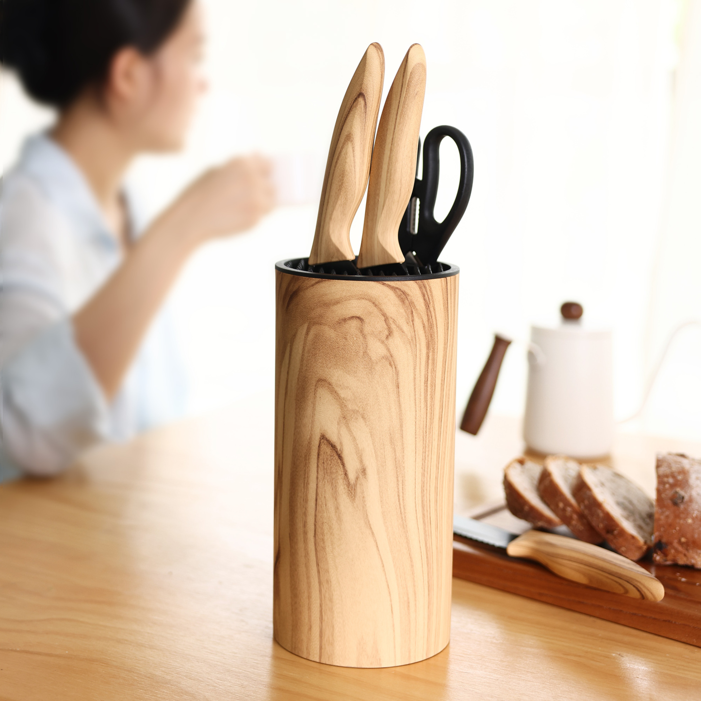 hecef 6-piece kitchen knife set with block stainless steel blades olive wood look chef's knife set