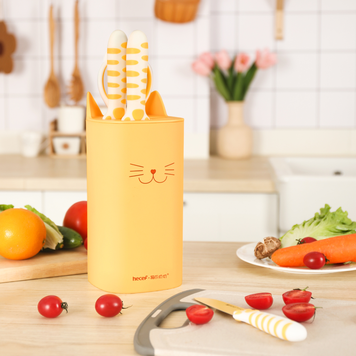 Hecef Cute Kitchen Knife Set,5-piece Non-Stick Knives Set with Detachable Block and Scissors,Sharp Kitchen Knives for Chopping, Slicing, Dicing and Cutting
