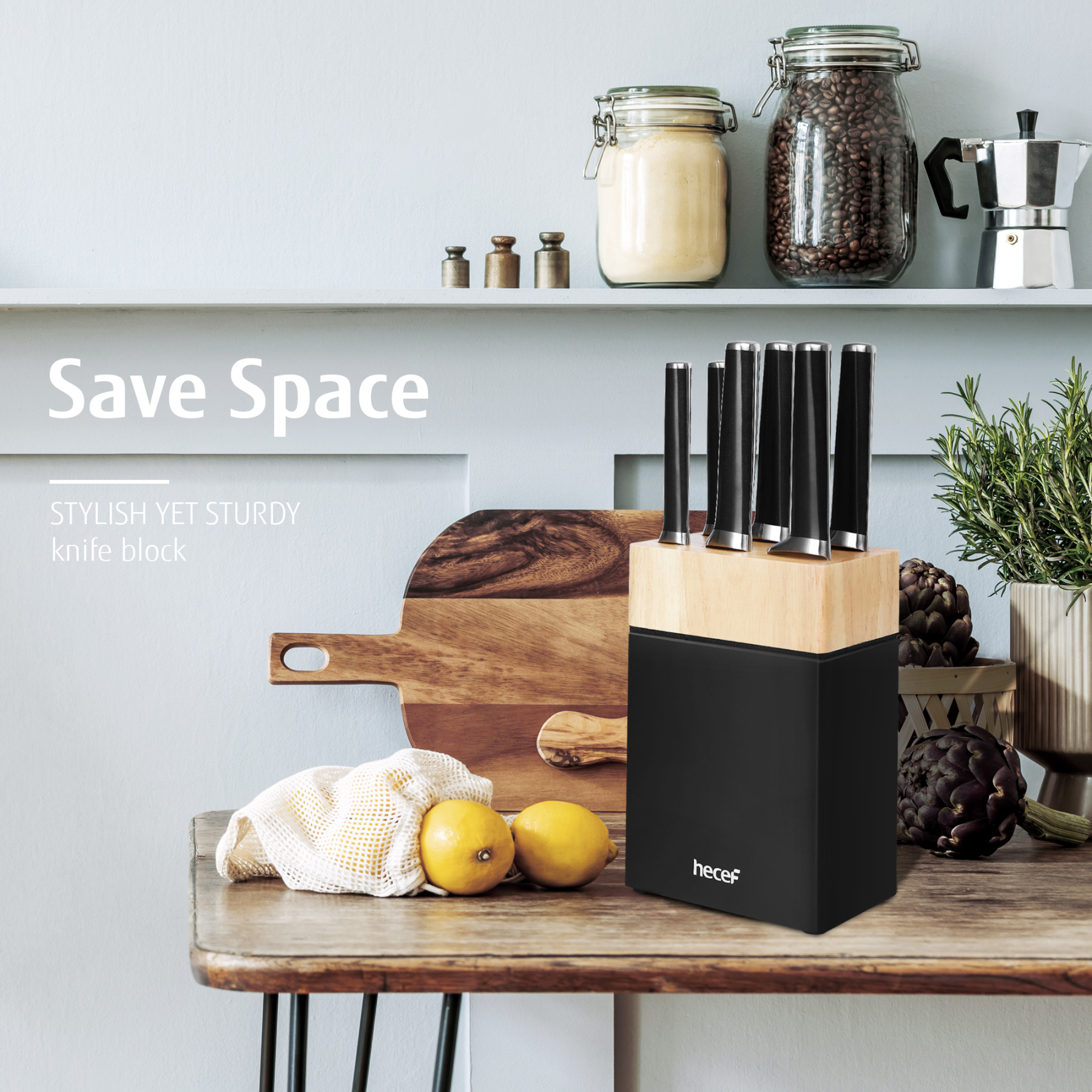 hecef 7pcs knife set with block – forged stainless steel kitchen knives, full tang handle with double bolster Red Dot Design Award, gift idea for the kitchen