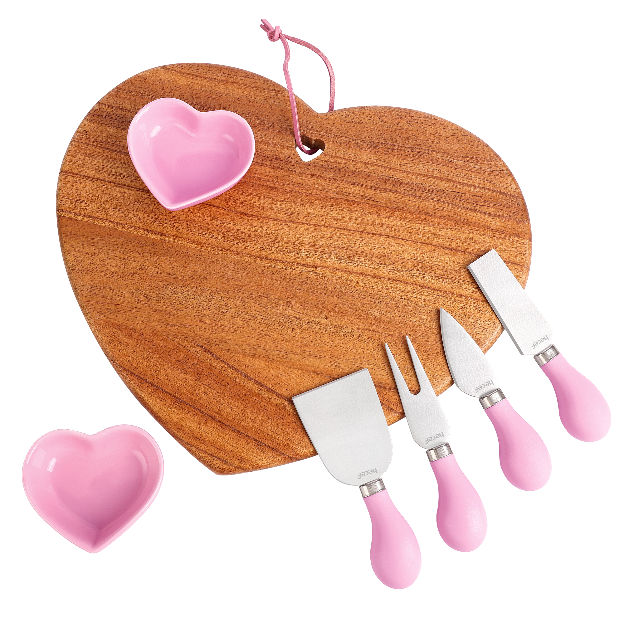 Hecef 7pcs Cheese Board Set Heart-shape Wooden Serving Board with Knives and Ceramic Bowls