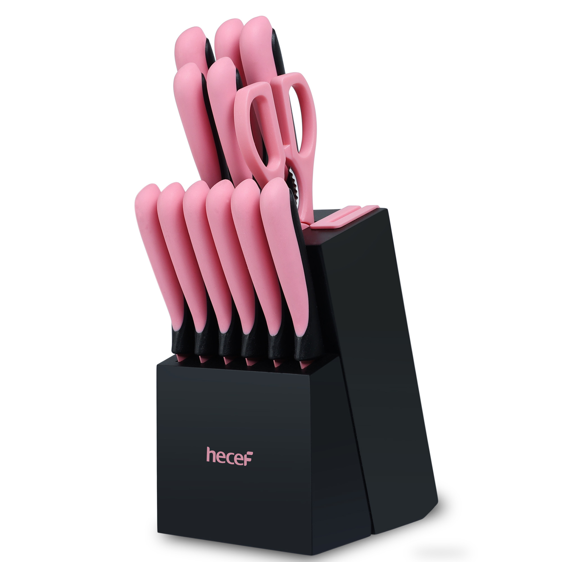 hecef knife block with knife, 13-piece kitchen knife set with wooden block and built-in sharpener, professional knife set with steak knives and kitchen scissors, etc