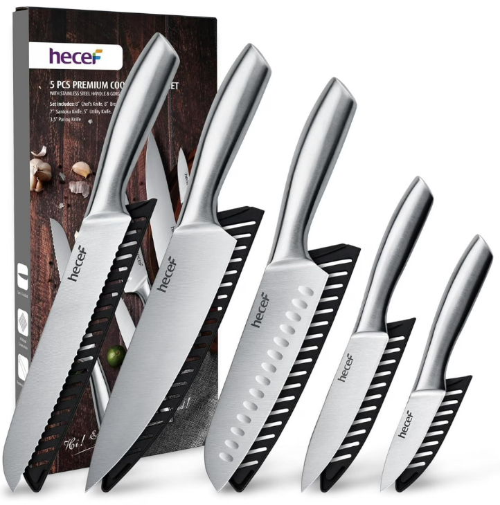 Hecef 5 PCS High Carbon Stainless Steel Kitchen Knife Set with Ergonomic Handle and Blade Covers