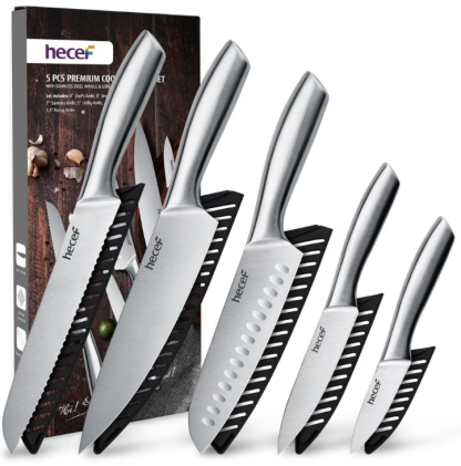Hecef 5 PCS High Carbon Stainless Steel Kitchen Knife Set with Ergonomic Handle and Blade Covers