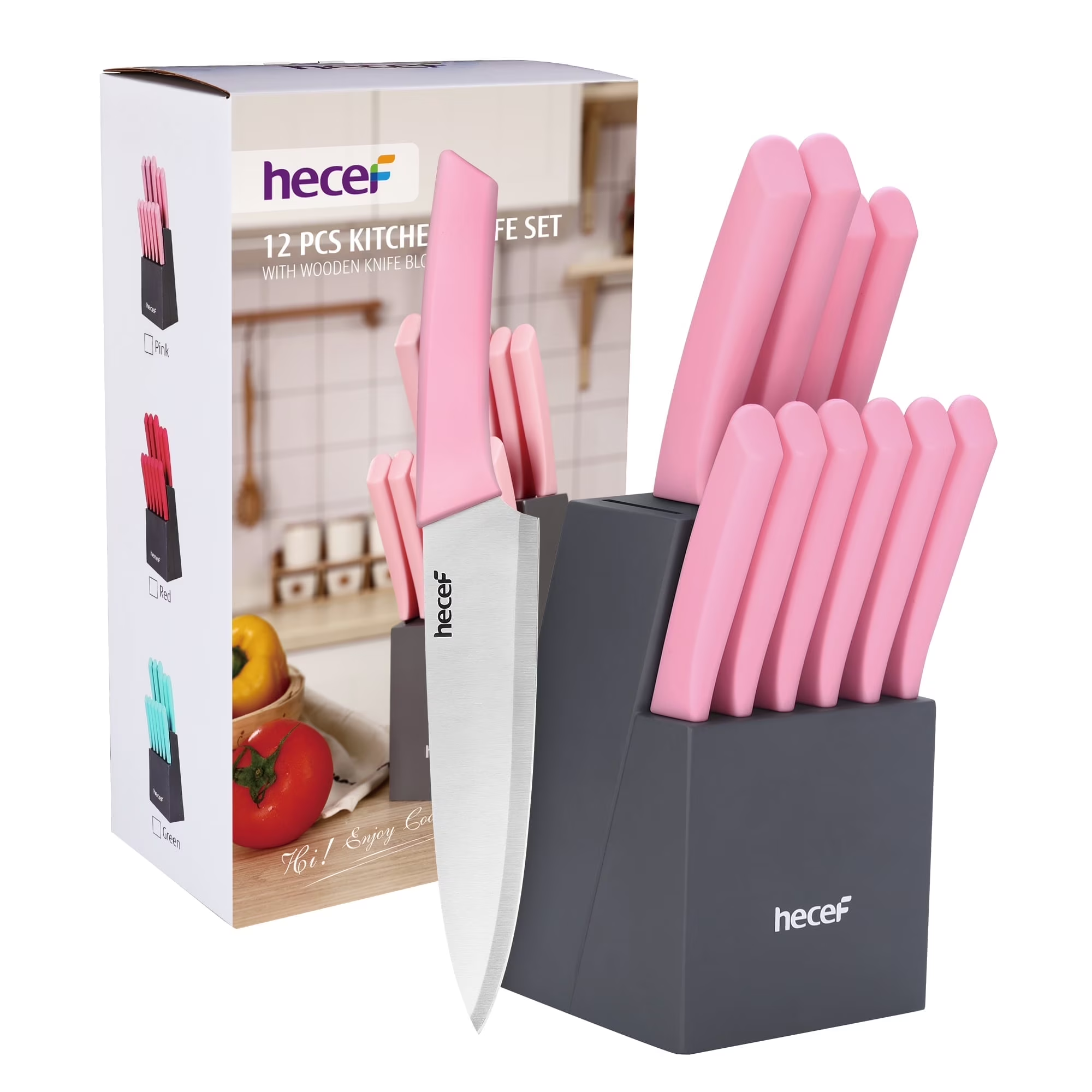 Hecef 12 Pcs Kitchen Knife Set with Wooden Block, Steak Knives, Stainless Steel Chef Knife