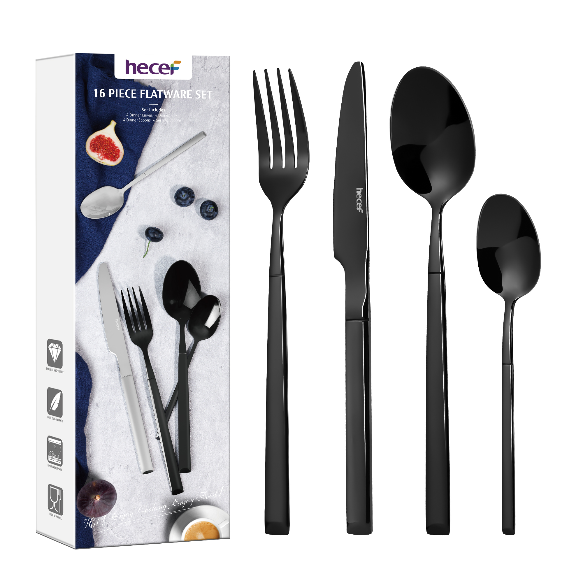 Hecef 16-Piece Silverware Set, Food-Grade Stainless Steel with Spoons, Steak Knife, Fork