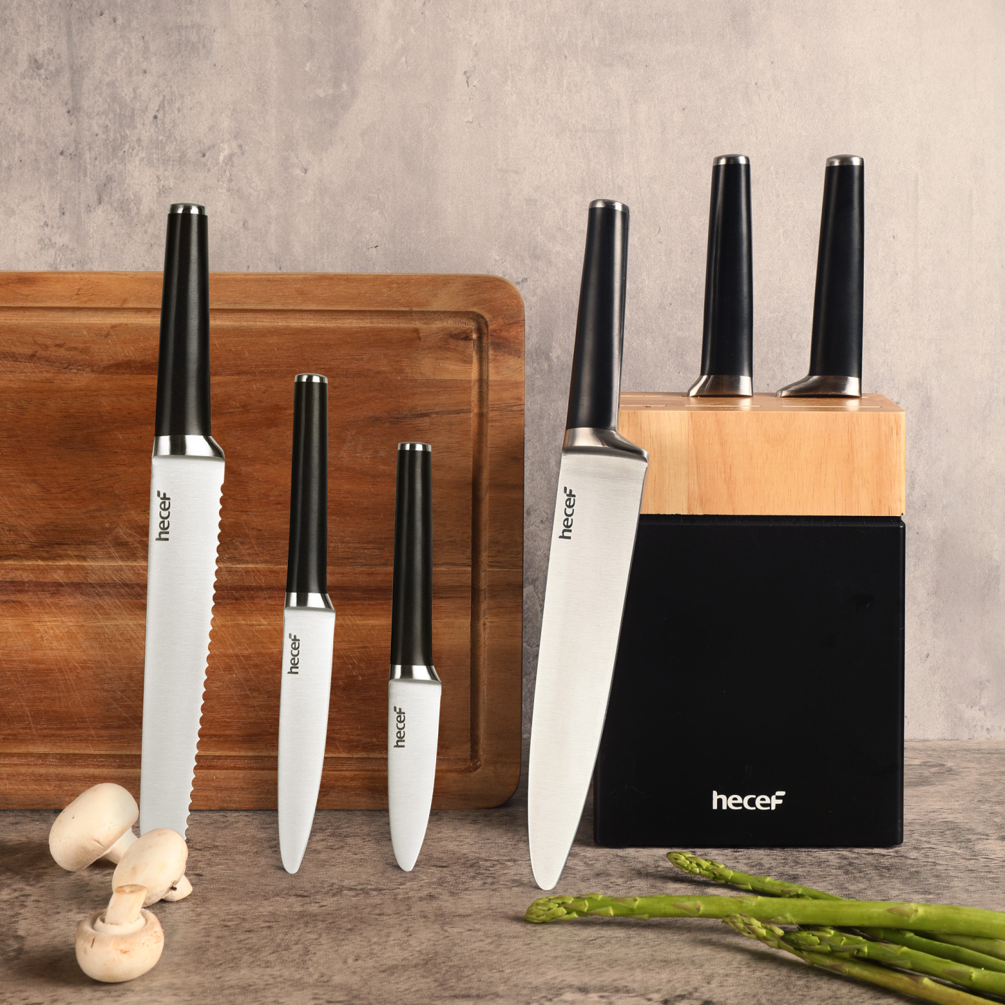 hecef 7pcs knife set with block – forged stainless steel kitchen knives, full tang handle with double bolster Red Dot Design Award, gift idea for the kitchen