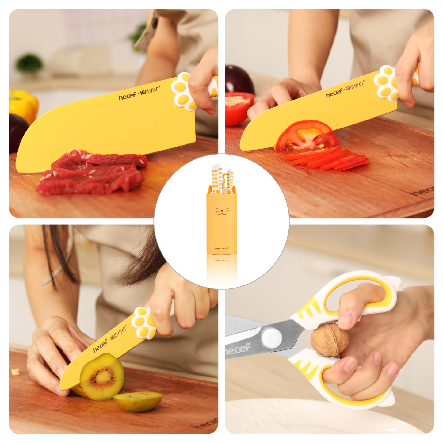Hecef Cute Kitchen Knife Set,5-piece Non-Stick Knives Set with Detachable Block and Scissors,Sharp Kitchen Knives for Chopping, Slicing, Dicing and Cutting