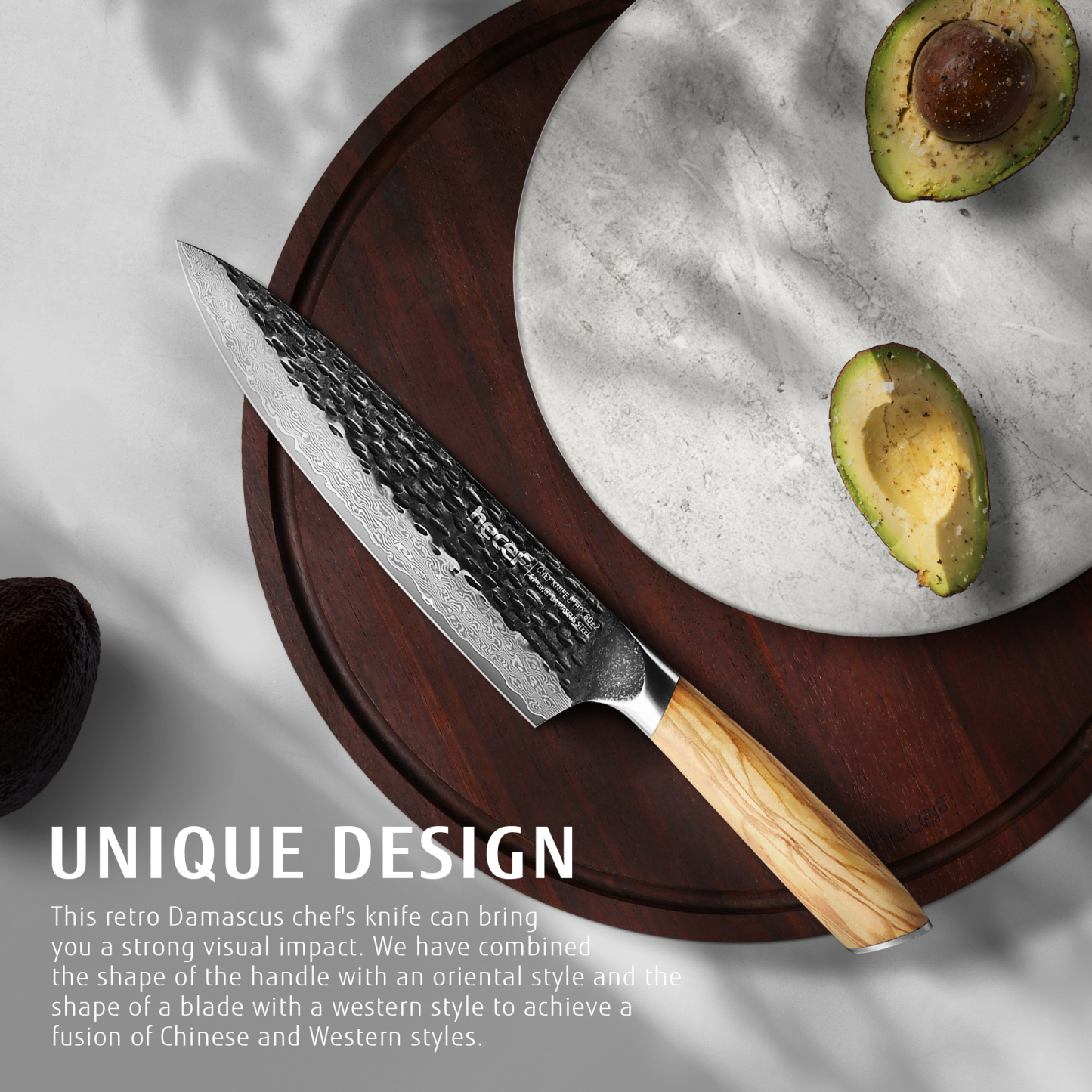 Hecef 8-Inch Japanese Chef Knife, Forged 67-Layer Damascus Steel Ultra Sharp Professional Hammered Carving Knife