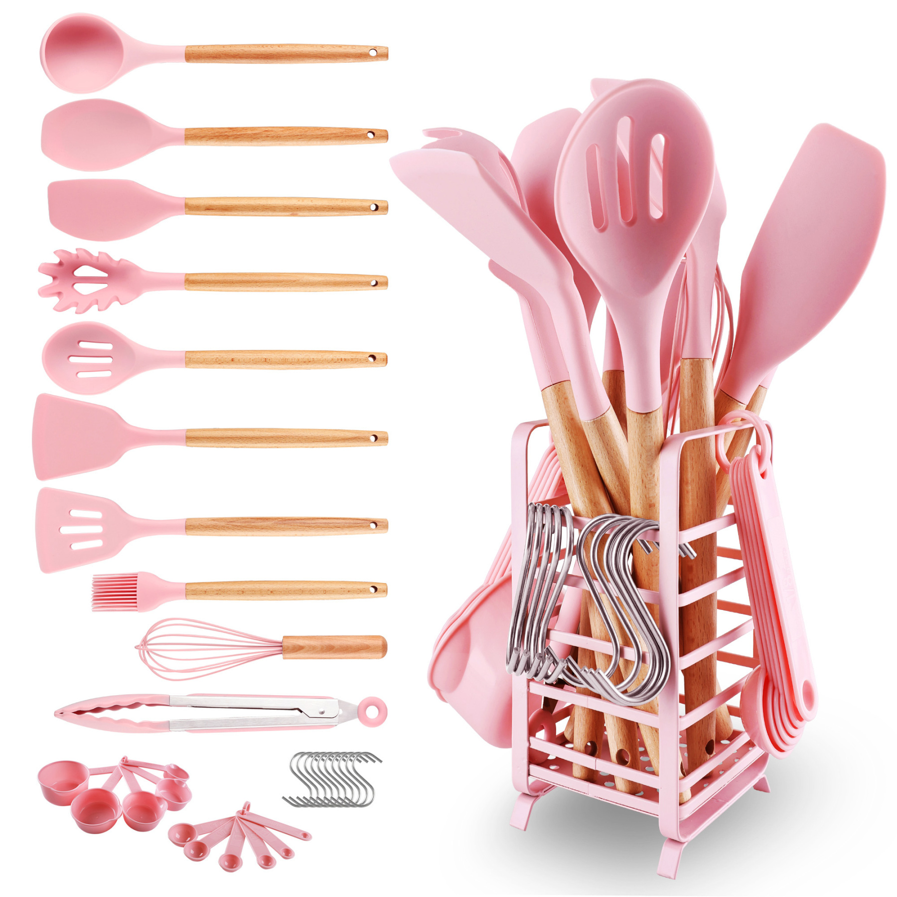 Hecef 32 PCS Kitchen Utensils Set, Silicone Cooking Utensils Set with Stainless Steel Holder, 446°F Heat Resistant Food Grade Kitchen Gadgets Tools Set Wooden Handle for Nonstick Cookware