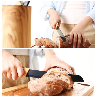 hecef 6-piece kitchen knife set with block stainless steel blades olive wood look chef's knife set