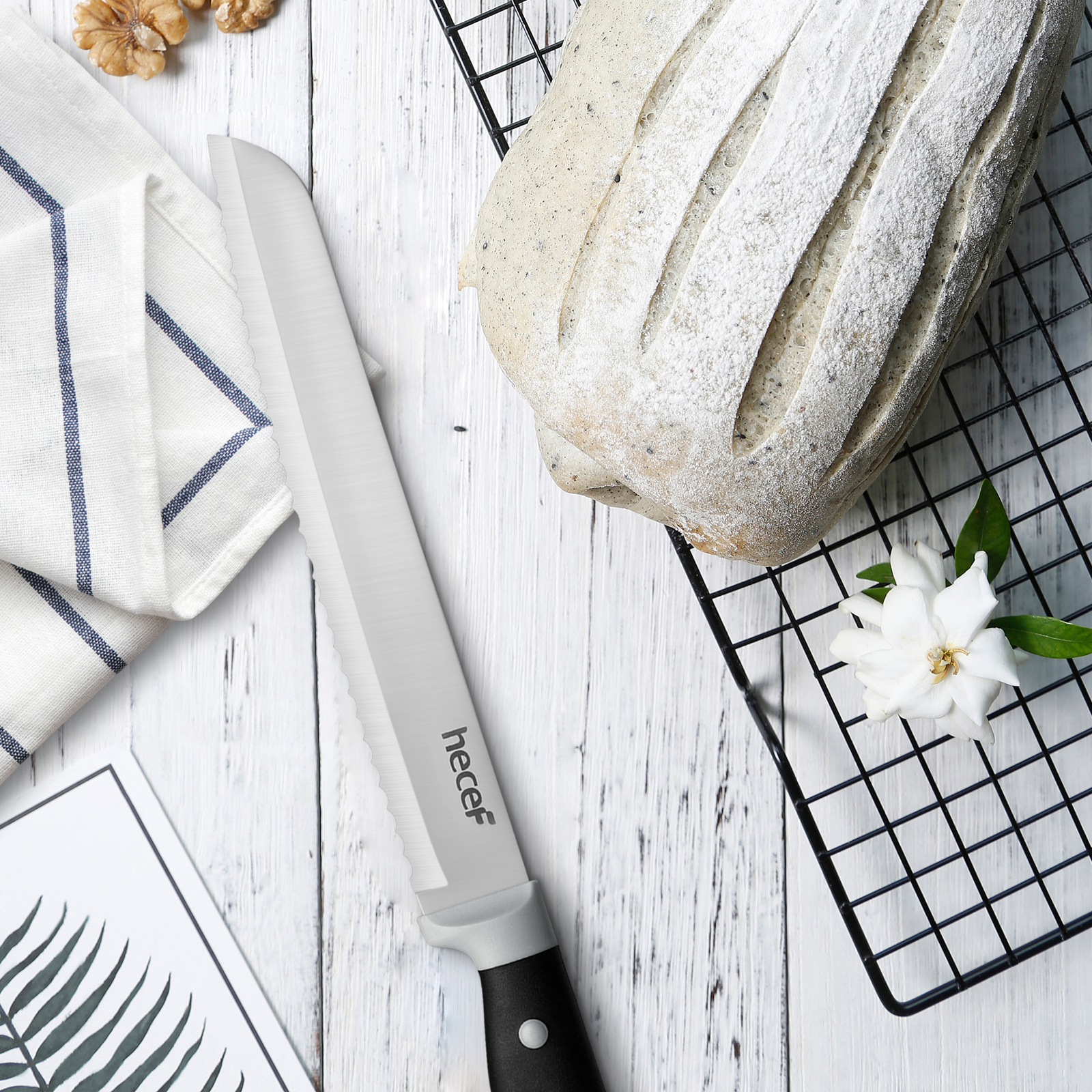 Hecef 14-Piece Black Knife Set with Block, Ultra-Sharp Stainless Steel Kitchen Knives with Comfortable Grip