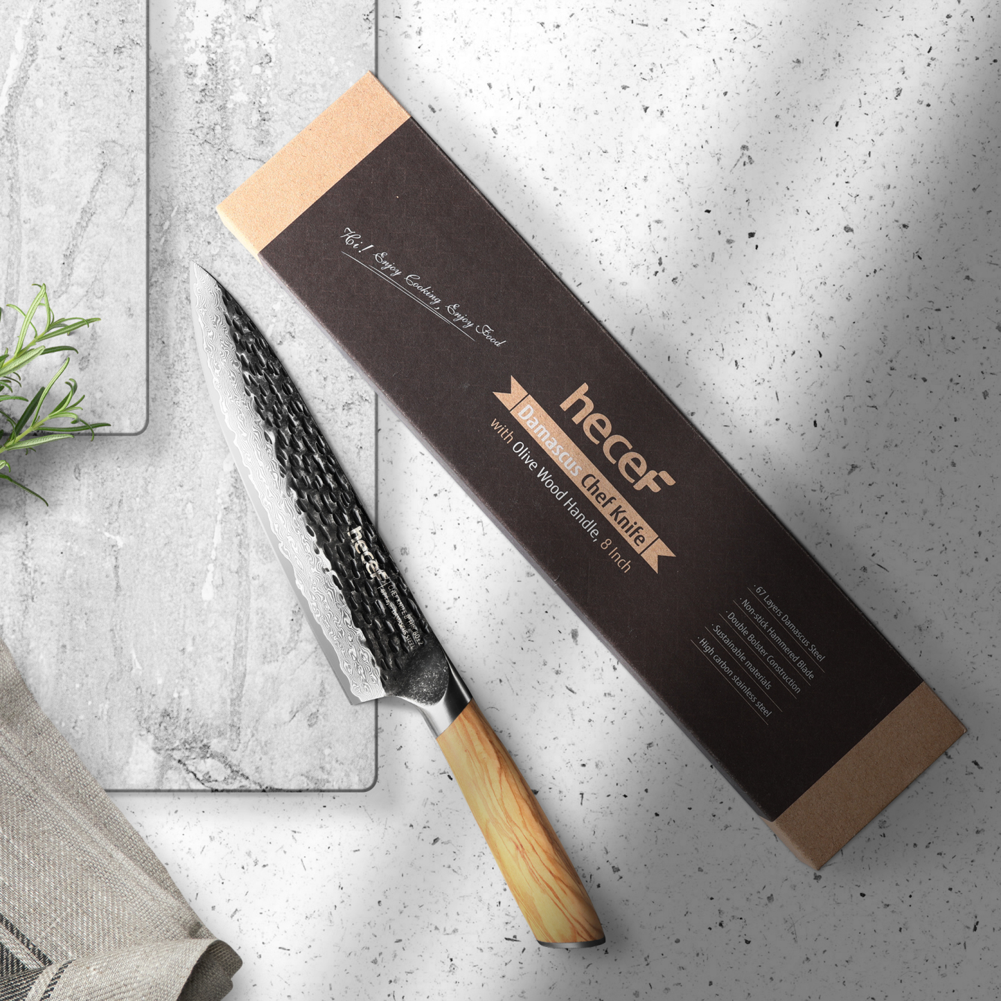 Hecef 8-Inch Japanese Chef Knife, Forged 67-Layer Damascus Steel Ultra Sharp Professional Hammered Carving Knife
