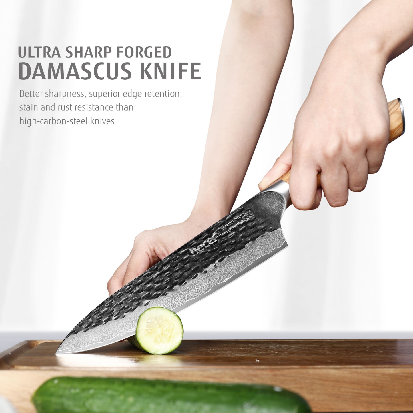 Hecef 8-Inch Japanese Chef Knife, Forged 67-Layer Damascus Steel Ultra Sharp Professional Hammered Carving Knife