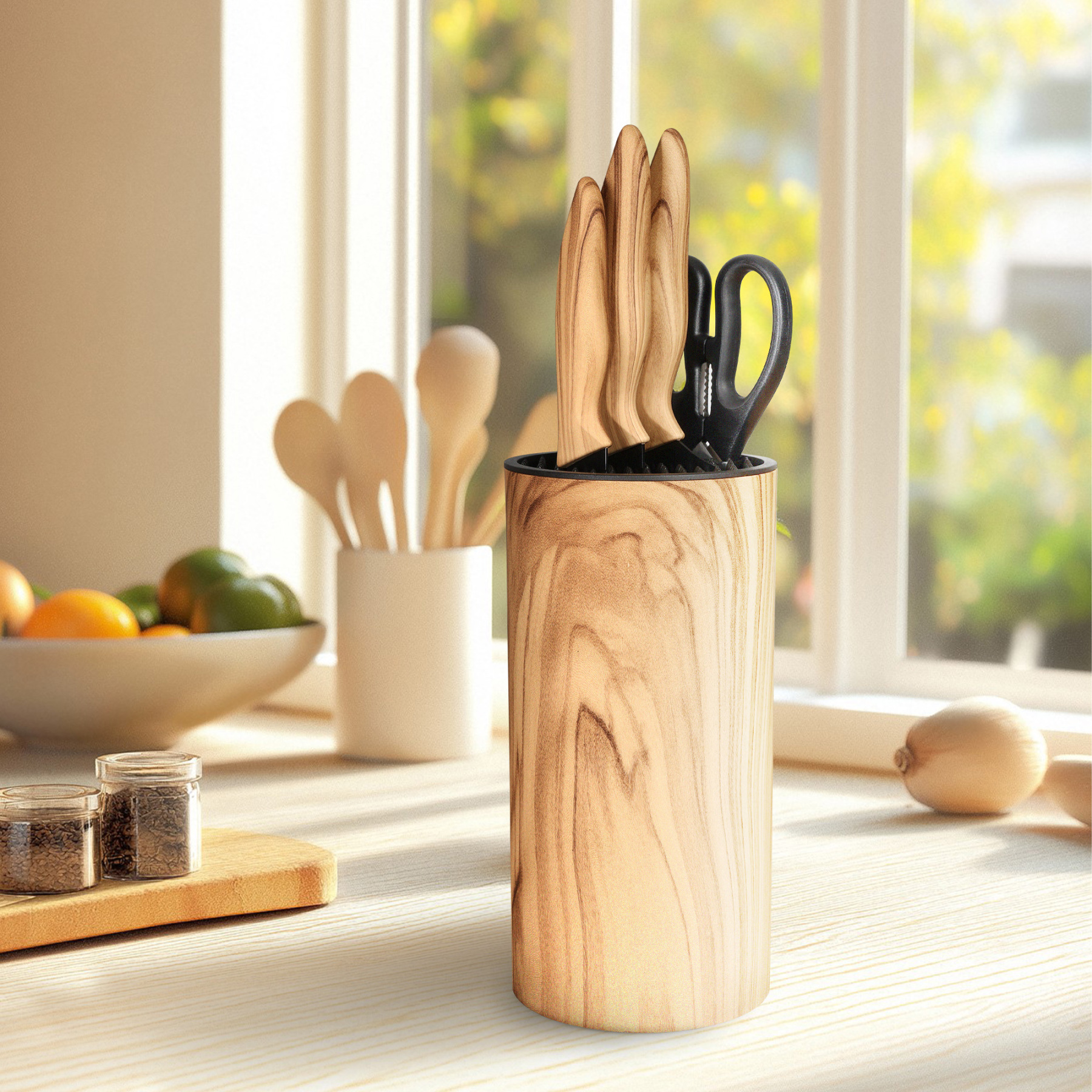 hecef 6-piece kitchen knife set with block stainless steel blades olive wood look chef's knife set