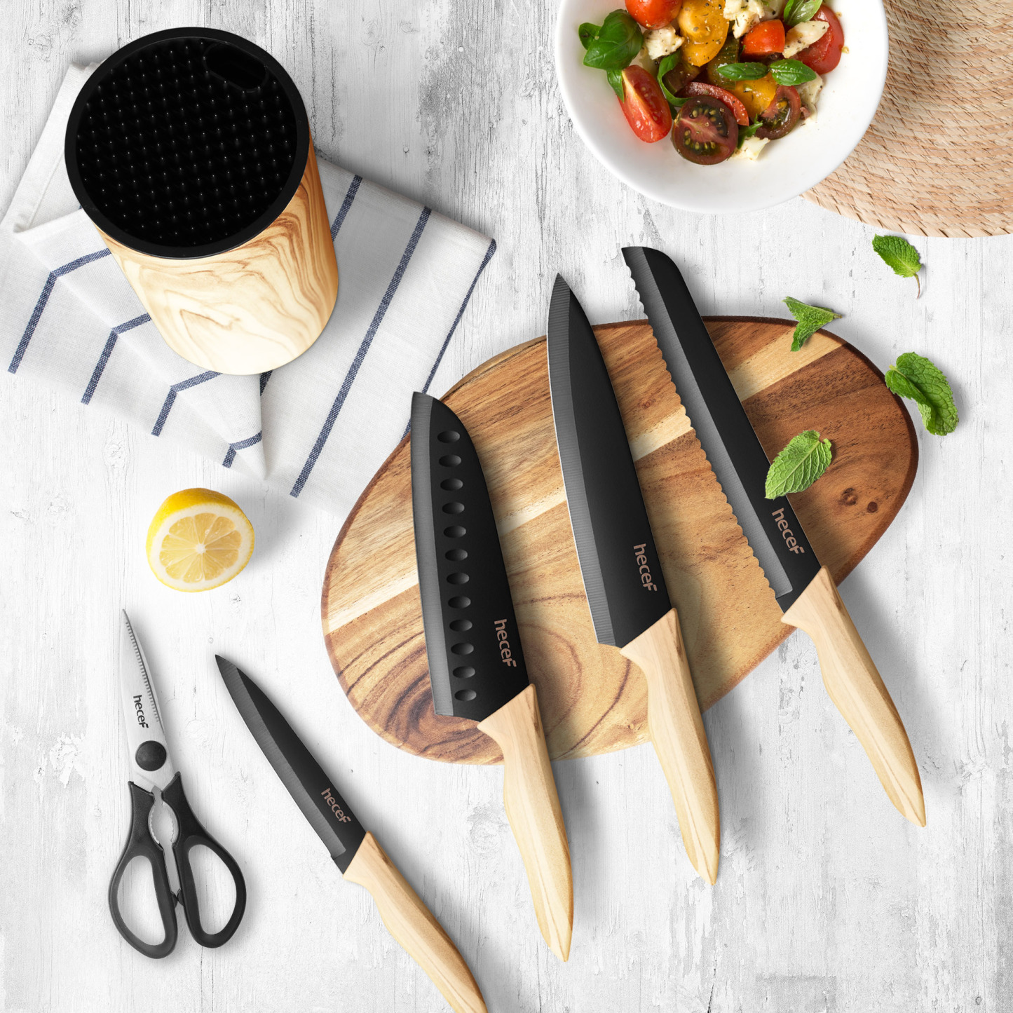 hecef 6-piece kitchen knife set with block stainless steel blades olive wood look chef's knife set