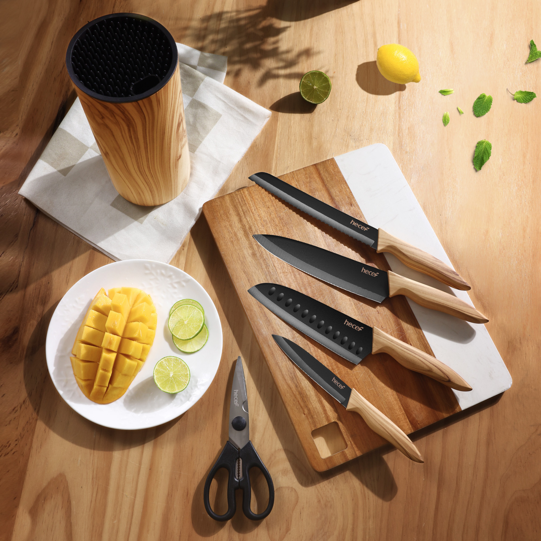 hecef 6-piece kitchen knife set with block stainless steel blades olive wood look chef's knife set