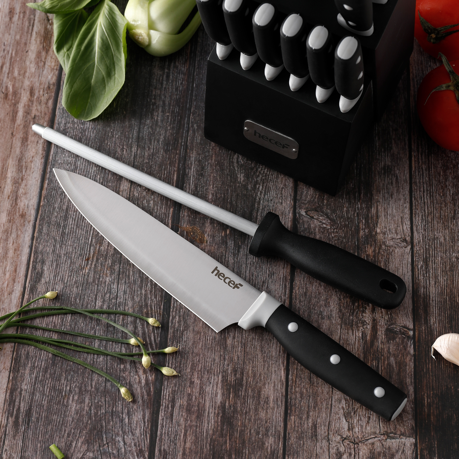 Hecef 14-Piece Black Knife Set with Block, Ultra-Sharp Stainless Steel Kitchen Knives with Comfortable Grip