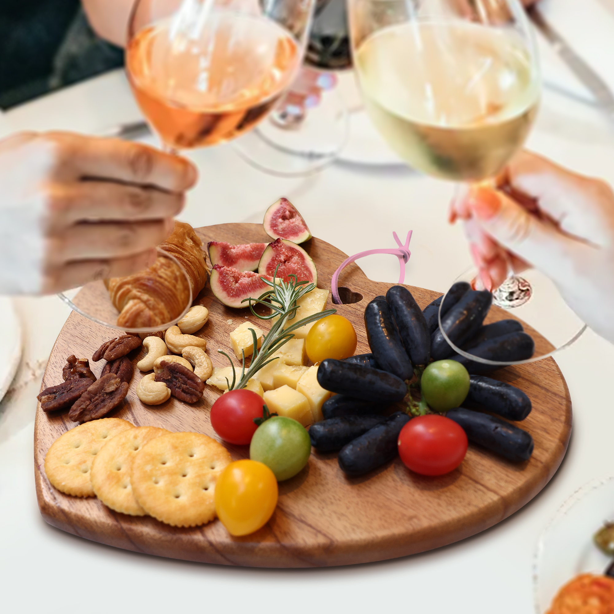 Hecef 7pcs Cheese Board Set Heart-shape Wooden Serving Board with Knives and Ceramic Bowls
