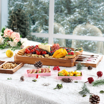 hecef Large Wooden Cheese Board with Knives Dessert Forks 2 Magnetic Drawers & Pink Silicone Bowls Charcuterie Board Set