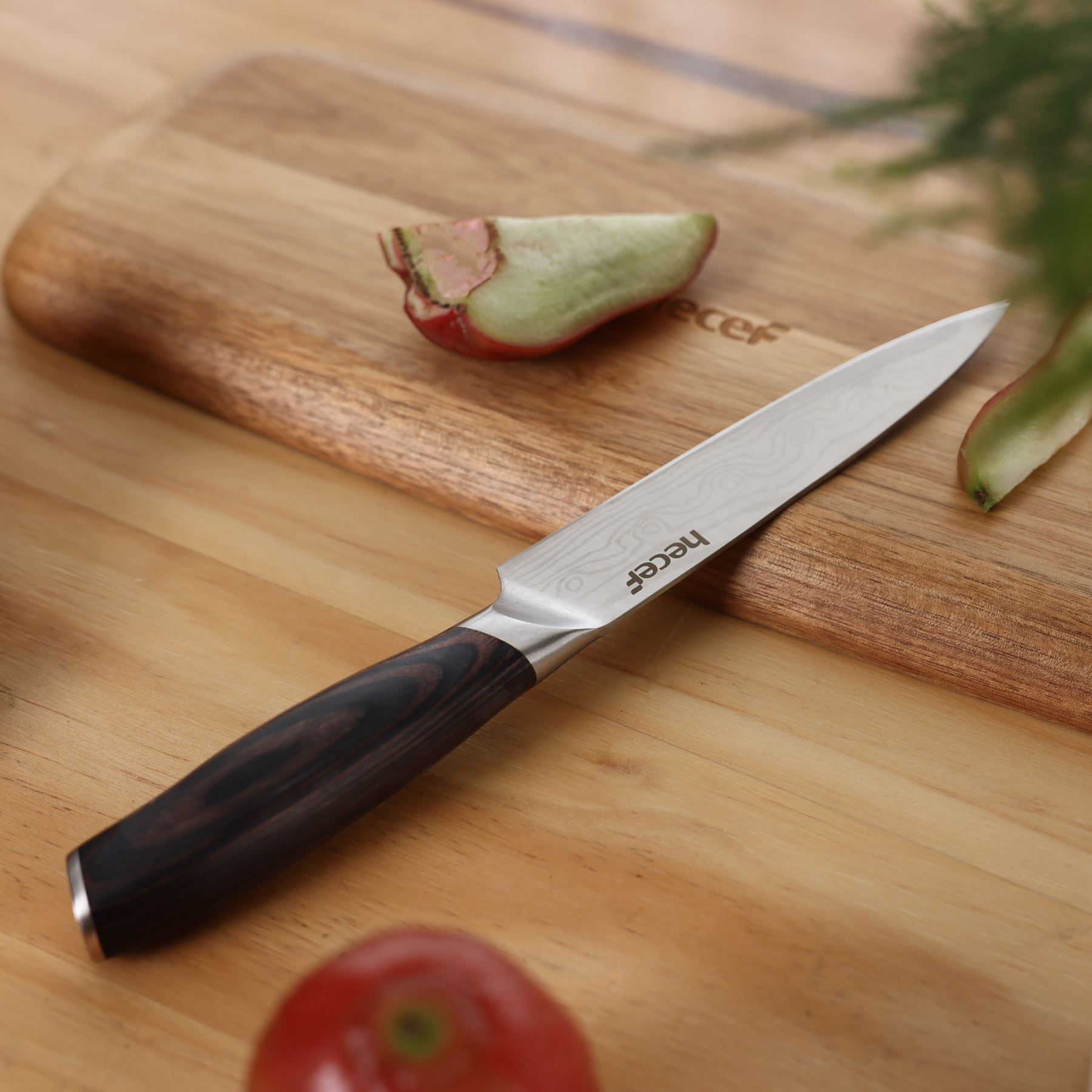 hecef 5in utility knife carbon steel blade double bolster and ergonomic coffee pakkawood handle