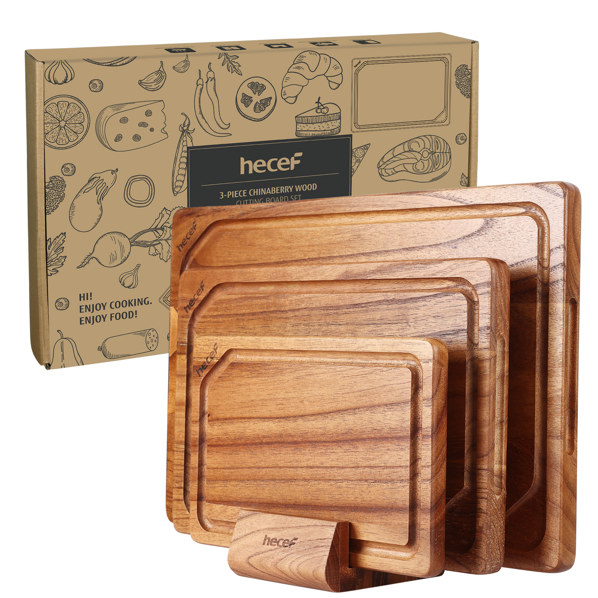 Hecef 3PCS Multi-size Chinaberry Wood Cutting Board Set Storage Stand, Juice Groove Chopping Board Set