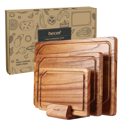 Hecef 3PCS Multi-size Chinaberry Wood Cutting Board Set Storage Stand, Juice Groove Chopping Board Set