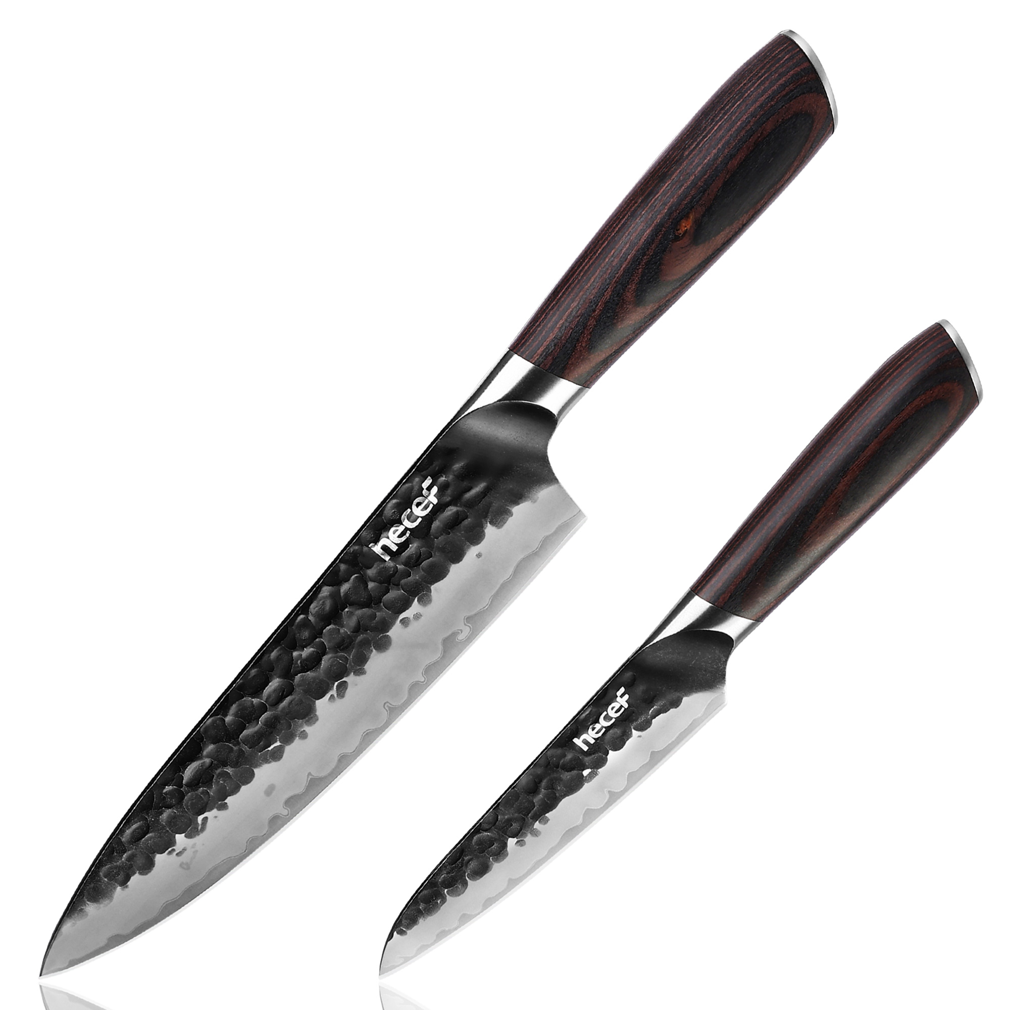 Hecef 2-Piece Kitchen Knife Set, 8-Inch Chef Knife & 5-Inch Utility Knife, 9Cr18Mov High Carbon Stainless Steel, Hammered Clad Blade with Pakkawood Handle, Razor Sharp Cooking Knives
