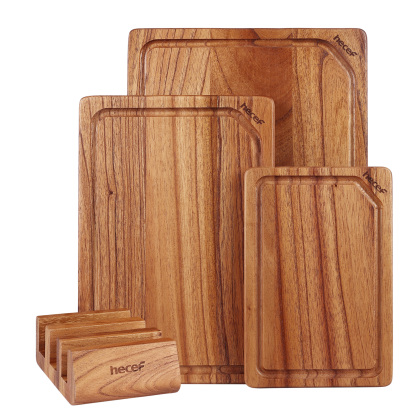 Hecef 3PCS Multi-size Chinaberry Wood Cutting Board Set Storage Stand, Juice Groove Chopping Board Set