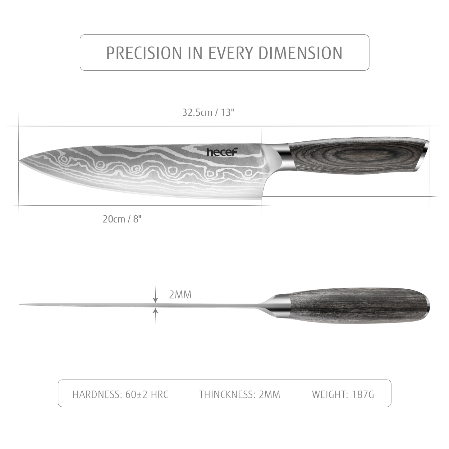 Hecef 8-Inch Chef Knife with Japanese Damascus Pattern and Ergonomic Wood Handle