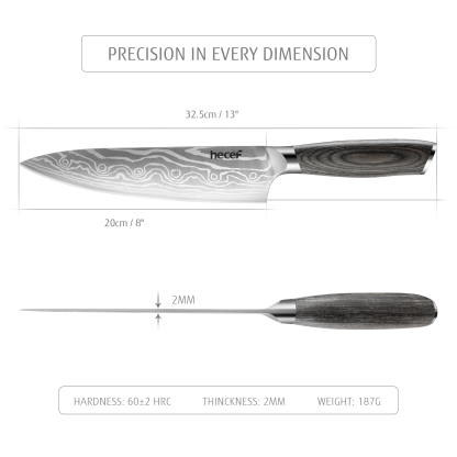 Hecef 8-Inch Chef Knife with Japanese Damascus Pattern and Ergonomic Wood Handle