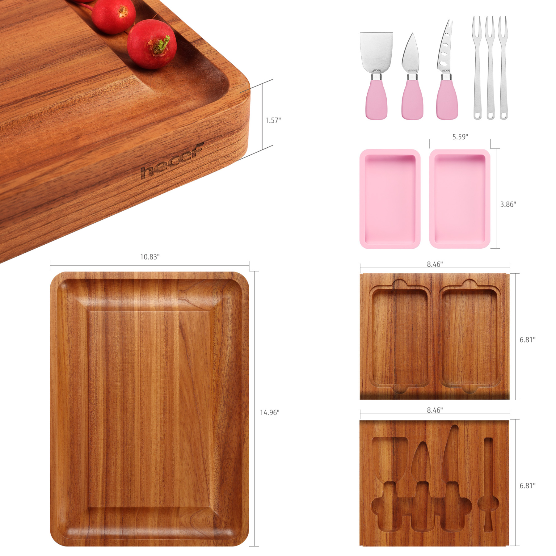 hecef Large Wooden Cheese Board with Knives Dessert Forks 2 Magnetic Drawers & Pink Silicone Bowls Charcuterie Board Set