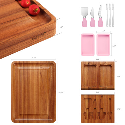 hecef Large Wooden Cheese Board with Knives Dessert Forks 2 Magnetic Drawers & Pink Silicone Bowls Charcuterie Board Set