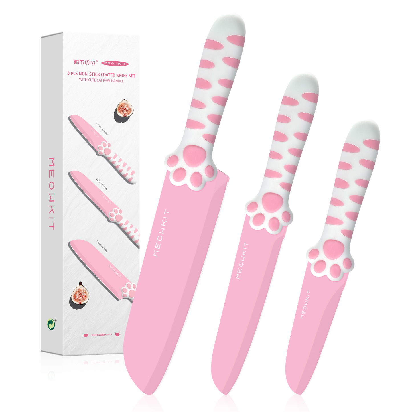 Meowkit Pink 3PCS Kitchen Knife Set Non-stick Coating Blade-PINK
