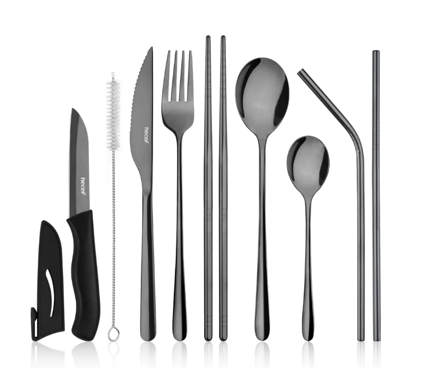 Hecef 11-Piece Flatware Set, Portable Stainless Steel Silverware Set with Black Titanium Coating