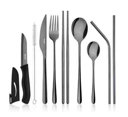 Hecef 11-Piece Flatware Set, Portable Stainless Steel Silverware Set with Black Titanium Coating