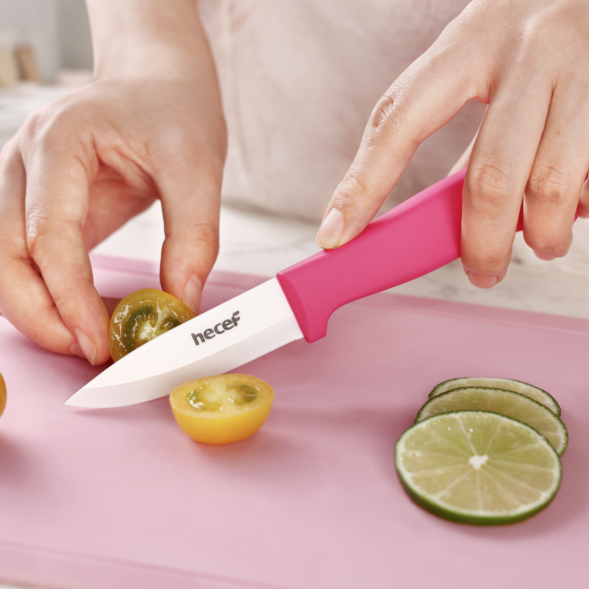 Hecef 3-Piece Ceramic Knife Set With 3 Blade Covers, Hot Pink Sharp Chef Utility Paring Knife