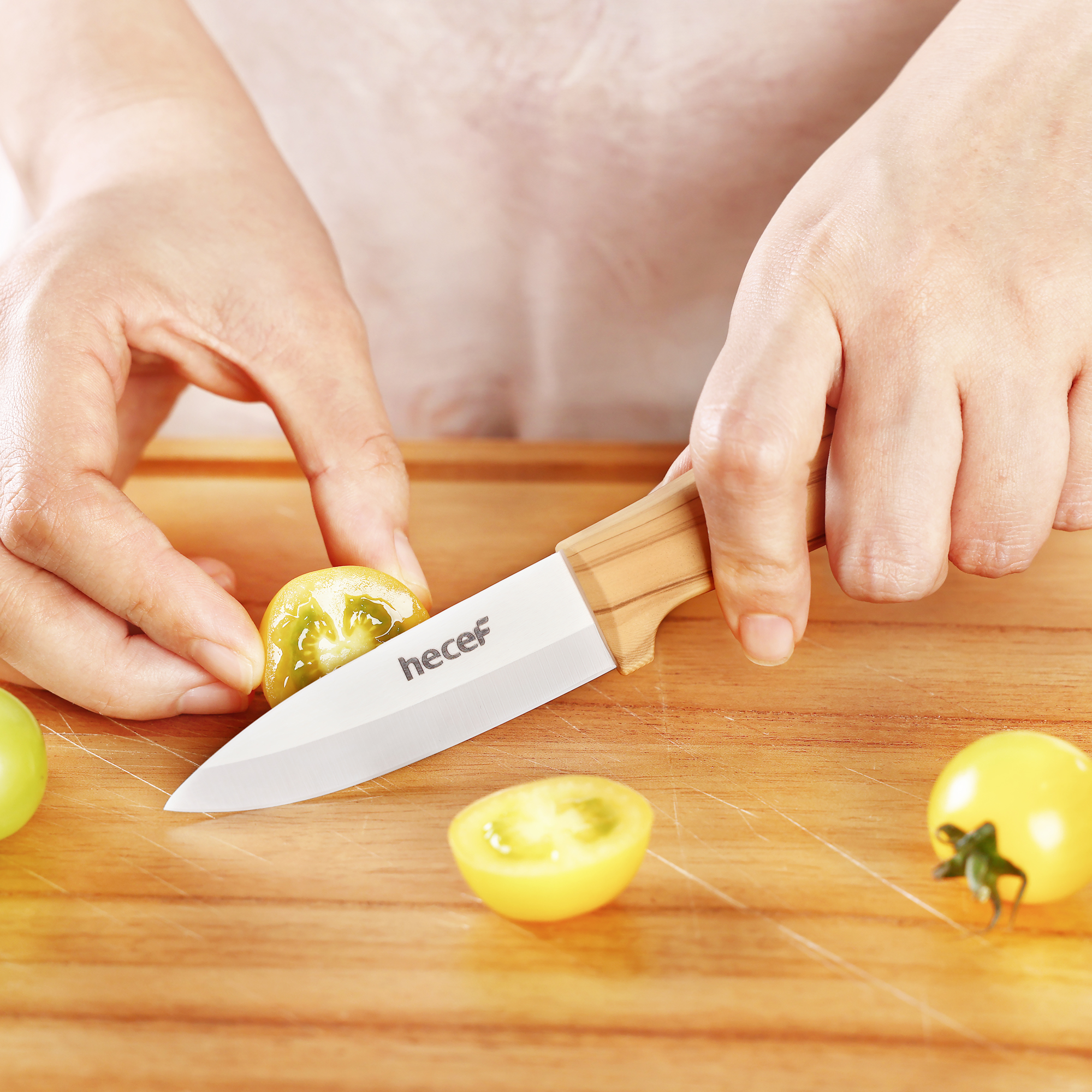 Hecef 3 Piece Ceramic Knife Set With Blade Covers, Ergonomic Wood Grain Handles